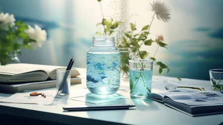 A Glass of Water and a Book on a Tableの素材