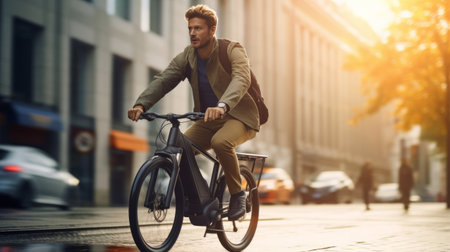 Man Riding Bike on City Streetの素材