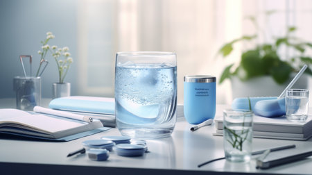 A Glass of Water and a Book on a Tableの素材