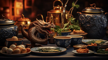 Dragon on Plate Next to Cups and Saucersの素材