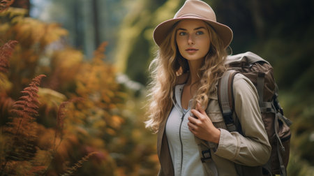 Woman With Backpack Walking Through Woodsの素材