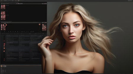 Woman With Long Blonde Hair Standing in Front of a Computer Screenの素材