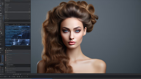 Woman With Long Blonde Hair Standing in Front of a Computer Screenの素材