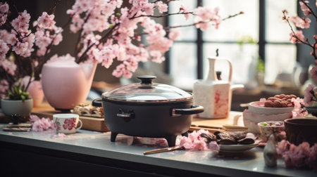 A Table Topped With a Vase Filled With Pink Flowersの素材