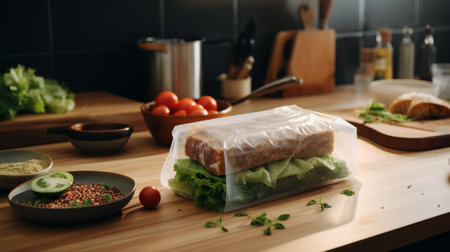 Sandwich Wrapped in Plastic on Counterの素材
