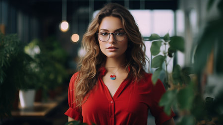 Woman Wearing Glasses Standing in Front of a Potted Plantの素材