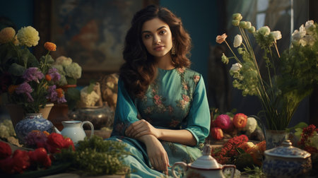 Woman Standing in Front of Flower-Filled Tableの素材