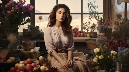 Woman Standing in Front of Flower-Filled Tableの素材
