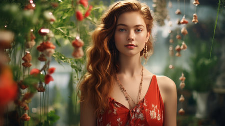 Woman With Long Hair Standing in Front of a Plantの素材