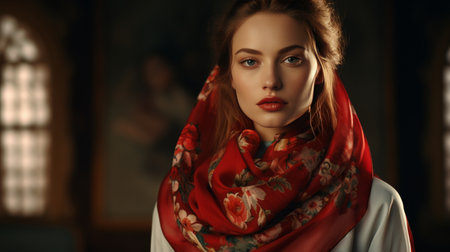 Woman Wearing Floral Scarf and Earringsの素材