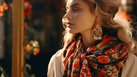 Woman Wearing Floral Scarf and Earringsの素材