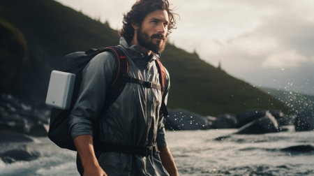 Man With Backpack Standing in Front of Waterfallの素材