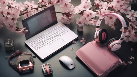 Laptop Computer on Desk With Headphonesの素材