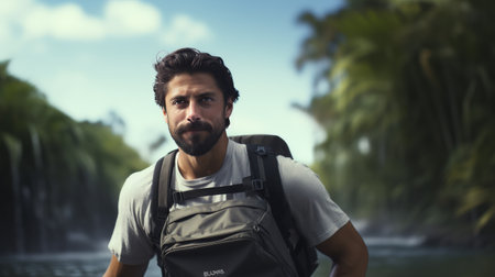 Man With Backpack Standing in Front of Waterfallの素材