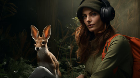 Woman With Headphones Sitting Next to a Deerの素材