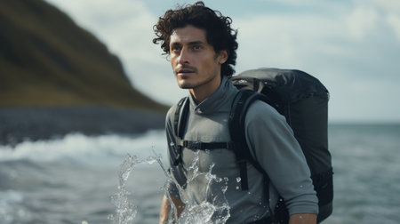 Man With Backpack Standing in Front of Waterfallの素材