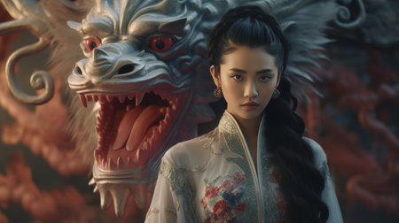 Woman With Long Hair Standing Next to a Dragonの素材