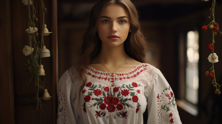 Woman Wearing White Dress With Red Flowersの素材