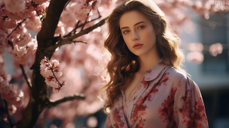Woman Standing in Front of Tree With Pink Flowersの素材