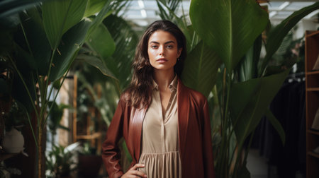 Woman Standing in Front of a Green Plantの素材