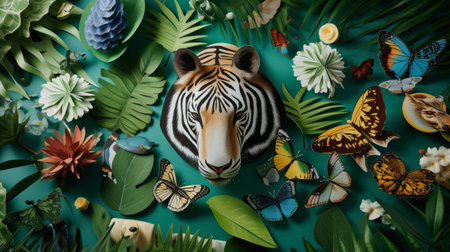 Majestic Tiger Head Surrounded by Butterflies and Flowersの素材