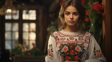 Woman Wearing White Dress With Red Flowersの素材