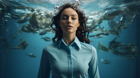 Woman in Blue Shirt Underwaterの素材