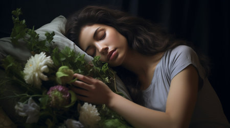 Woman Sleeping on Bed With Bouquet of Flowersの素材