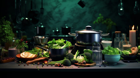 Abundant Table of Fresh Vegetables and Cooking Utensilsの素材