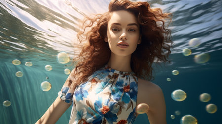 Woman With Red Hair Standing Underwaterの素材