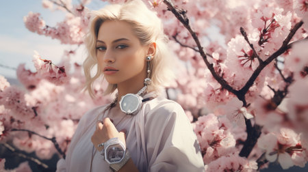 Woman Standing in Front of Tree With Pink Flowersの素材