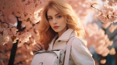 Woman Standing in Front of Tree With Pink Flowersの素材