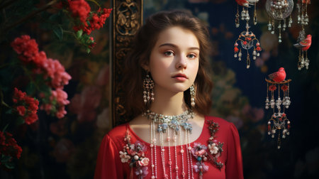 Woman in Red Dress Standing in Front of Flowersの素材