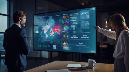 Man and Woman Standing in Front of a Large Screenの素材