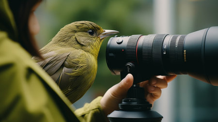 Yellow Bird Perched on Wooden Pole Near Cameraの素材