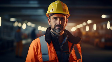 Man Wearing Headphones and Hard Hatの素材