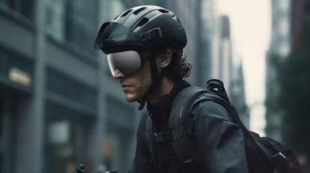 Man Wearing Helmet and Jacket in the Woodsの素材