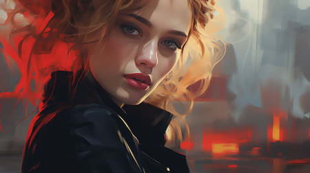 A Digital Painting of a Woman in a Black Jacketの素材