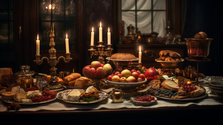 Abundant Feast With Candles Adorning a Tableの素材