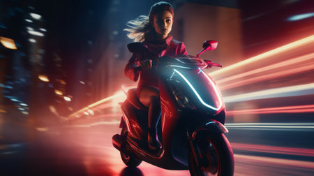 Woman Riding a Motorcycle Down a City Streetの素材