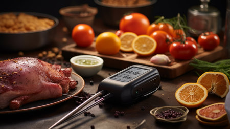 Piece of Meat on Counter Next to Orangesの素材