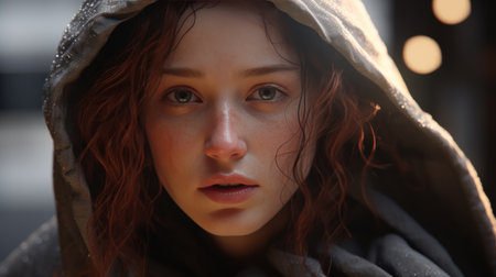 Woman With Red Hair Wearing Hooded Jacketの素材