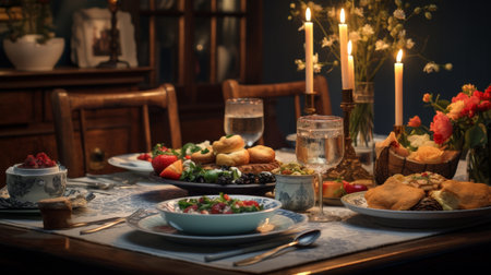 A Dinner Table With a Candle Lit in the Windowの素材