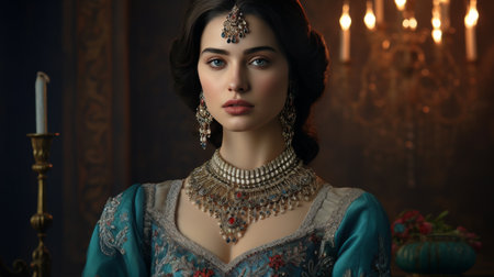 Woman in a Blue Dress Wearing a Necklace and Earringsの素材