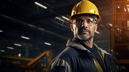 Man Wearing Headphones and Hard Hatの素材