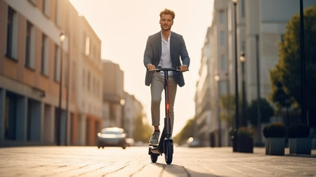 Man Riding Scooter on City Streetの素材