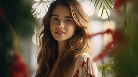 Woman With Long Hair Standing in Front of a Plantの素材