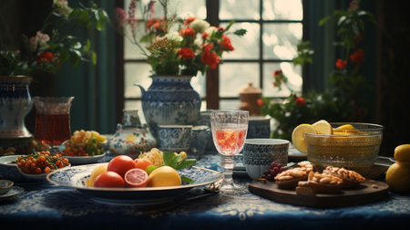 Table Overflowing With Plates and Bowls of Foodの素材