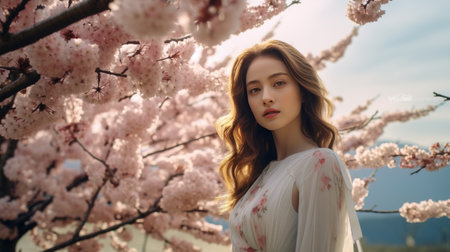 Woman Standing in Front of Tree With Pink Flowersの素材