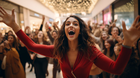 Woman in Red Top Screaming in Front of Crowdの素材